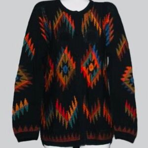 Earth Tones Black Knit Sweater, Vintage, Handmade, 100% cotton,made in Perú